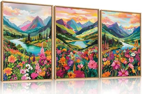 Colorful Mountain Floral Framed Canvas Wall Art Set-24"x36"x3 by Celestdeco