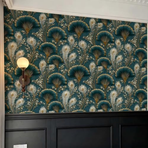 Stickorama Teal Gold Peacock Feather Floral Peel and Stick Wallpaper Self - Image 2