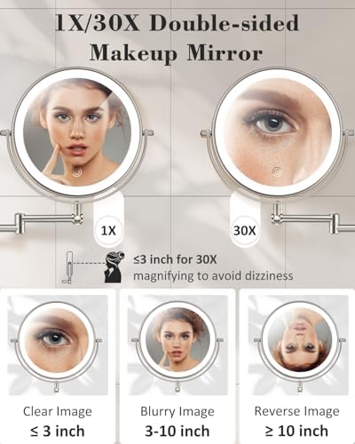 9'' 30X/1X Wall Mounted Height Adjustable Lighted Magnifying Makeup Mirror - Image 4