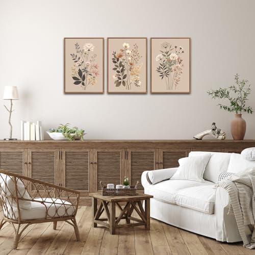 CHDITB Vintage Flower Framed Canvas Wall Art Set, Large Neutral Wildflowers - Image 4