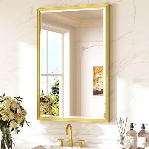 Keonjinn Brushed Gold Bathroom Mirror 24" x 36", Safe HD Tempered Glass by Keonjinn