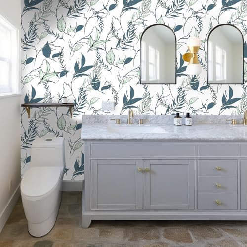 Sage Green and Blue Leaf Peel and Stick Wallpaper 17.7in x 88.5in - Image 5