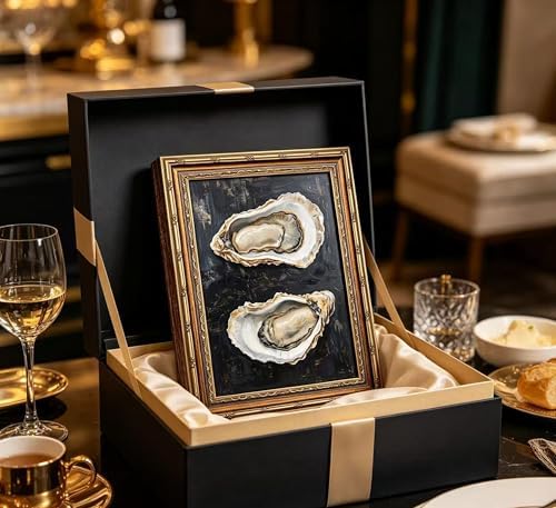 Vintage Gold Framed Oyster Wall Art Dark Moody Seafood Shell Shel Painting - Image 4