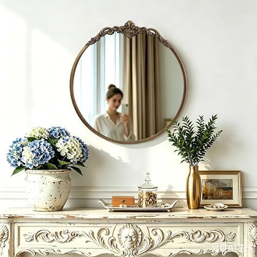 Traditional Round Wall Mirror, 19x18 Inch, Circle Brushed Black Antique Mirror by LOVNAHOMakeYourHomeLovely