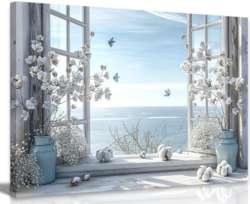 Coastal Flower Bathroom Canvas Wall Art Farmhouse Cotton Bouquet and Butterfly by Birnsen