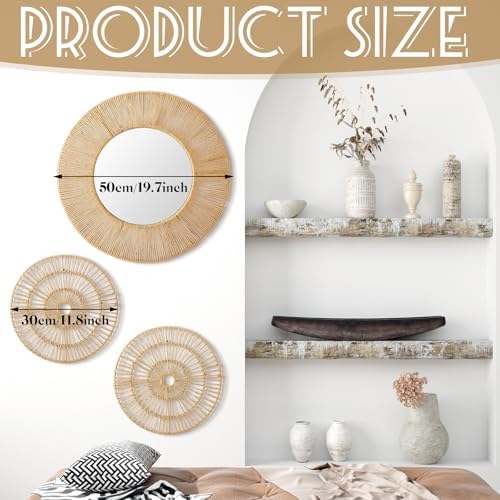 Yerliker 3 Pcs Boho Mirror Wall Decor, Natural Jute Woven Round Mirror - Image 3