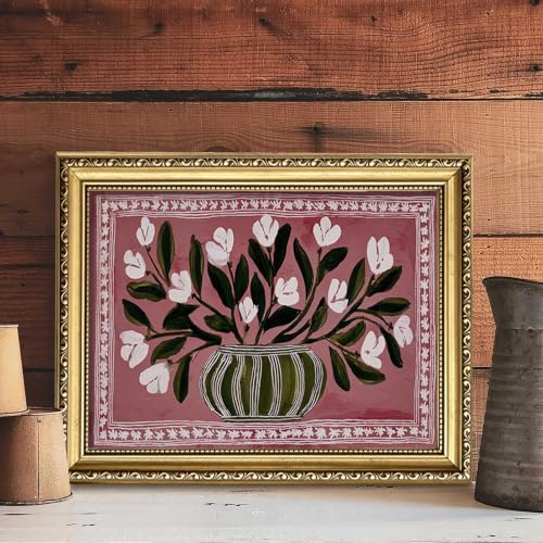 Gold Framed Vintage Floral Wall Art, Retro Vase White Flower Print - Image 2