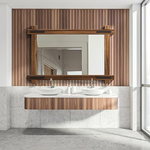 YOSHOOT Farmhouse Wood Bathroom Mirror, Round Corner Vanity Mirror - Image 6