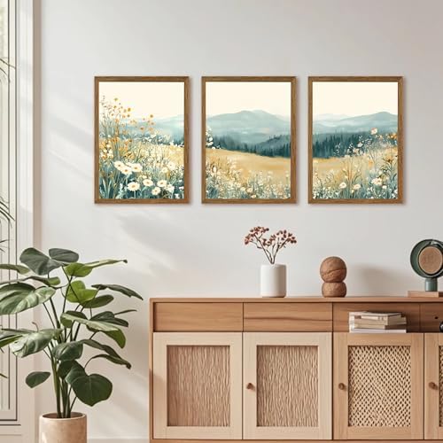 AVECCO 3 Pieces Wildflower Meadow Mountain Framed Canvas Wall Art 12x16 in - Image 3