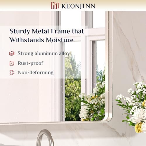 Keonjinn 28 x 36 Inch Brushed Nickel Bathroom Mirror, Tempered Glass - Image 5