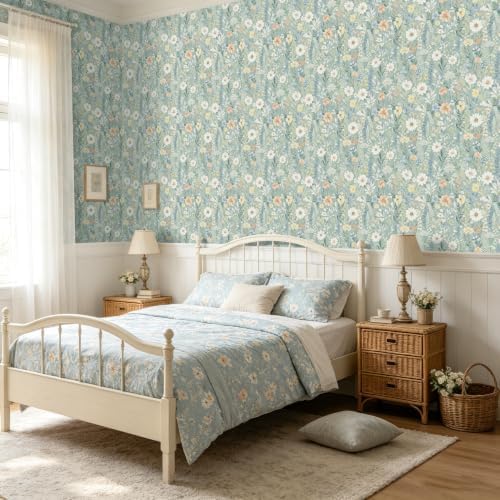 Boho Pale Blue Daisy Floral Peel and Stick Wallpaper 17.5" x 118" - Image 2