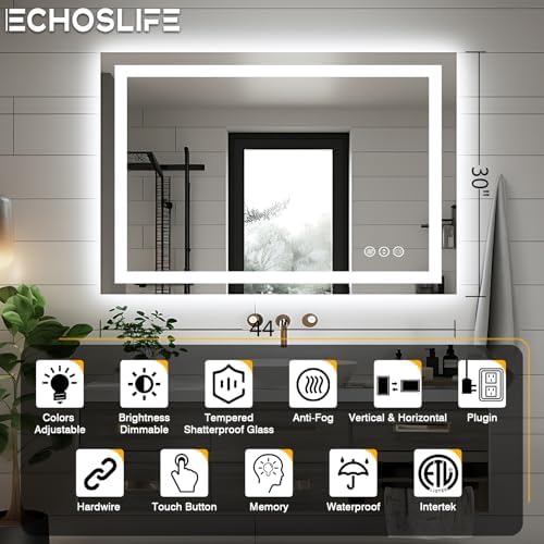 EchosLife 44"x30" Bathroom Light up Mirror, Double Bright Lights, Anti-Fog - Image 2