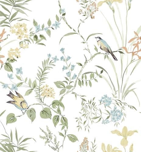Erfoni Boho Floral Peel and Stick Wallpaper Green Floral Birds Wallpaper by Erfoni