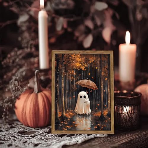 Framed Vintage Halloween Ghost Canvas Wall Art, Cute Ghost Holding Umbrella - Image 2