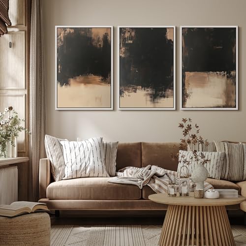 MUDECOR Framed Canvas Print Wall Art Dark Abstract Black and Beige Minimalist - Image 4