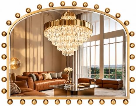 36"x28" Wide Arch Wall Mirror, Antique Gold Ball Frame by CavinHome