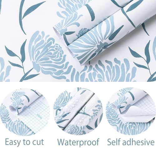 Hopepak 17.3" x 78.7" Peel and Stick Wallpaper Floral Contact Paper Blue Wall - Image 4