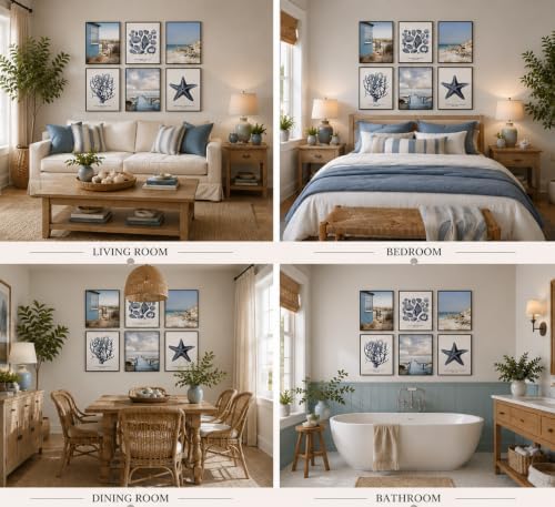 6Pcs Blue Beach Wall Art Preppy Beach Hut Wall Decor Pictures Ocean Boho Reed - Image 6
