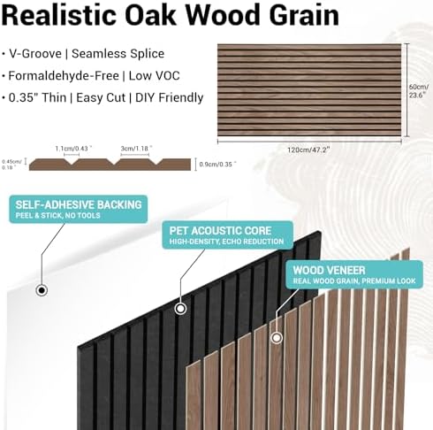 V-Groove Wood Slat Acoustic Panels, 31.2 Sq Ft Self-Adhesive Soundproof Wall - Image 2