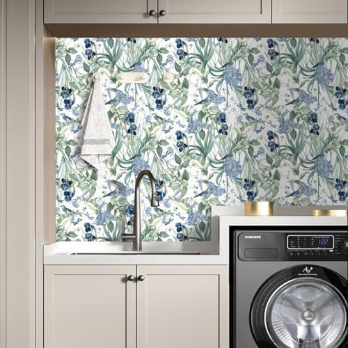 Floral Wallpaper Peel and Stick Flower Bird Blue Vinyl 17in x 393in - Image 4