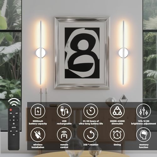 Battery Operated wall Sconce Set of 2, 27.5" Chrome USB Rechargeable LED - Image 2