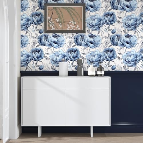 BOKEBEVE Boho Floral Wallpaper Peel and Sticck White Blue 17.5 x 118In - Image 7