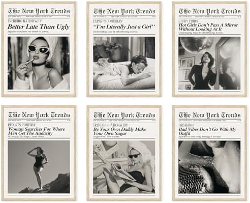 Trendy Feminist Newspaper Wall Art Prints of 6, Retro Black and White Vogue by TWNSWALLART