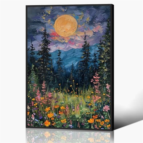 Yuaruo Vintage Full Moon Above The Wildflowers Canvas Wall Art, Mystical by Yuaruo
