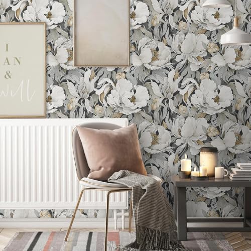 Modern Dark Grey White Poppy Floral Peony Flowers Peel and Stick Wallpaper Wall - Image 3