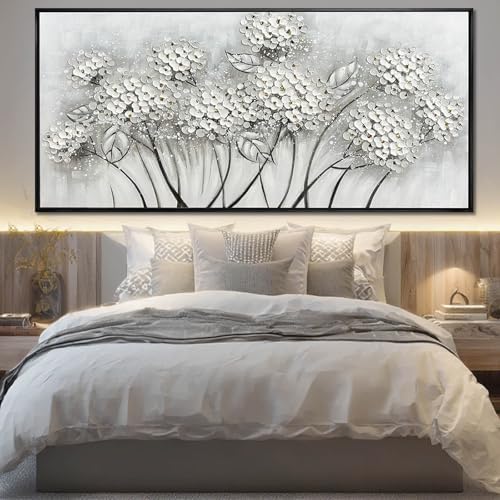 Kureful Grey and White Hand Painted Wall Art Flower Canvas Artwork Contemporary - Image 4