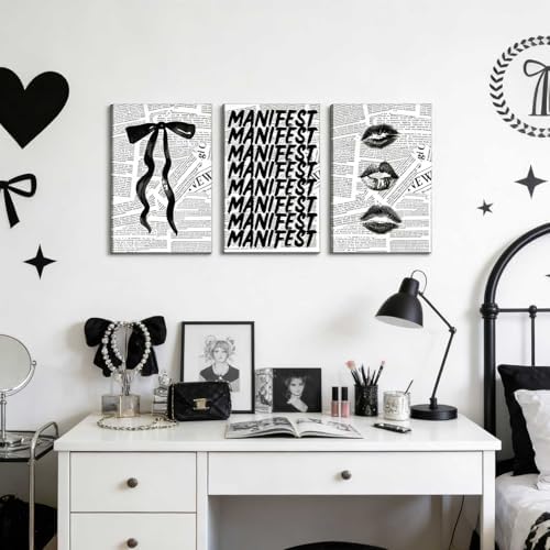 3Pcs Trendy Black and White Preppy Canvas Wall Art Retro Kiss Lips Bow and - Image 2