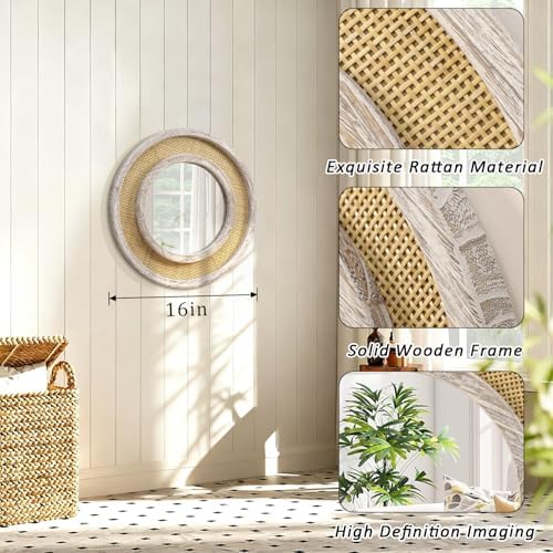 JJUUYOU Round Mirror Wood Framed Circle Rattan Hanging Mirrors - Image 2