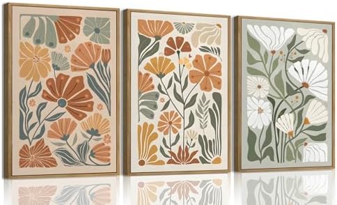 KISSFOX Framed Canvas Wall Art Abstract Floral Botanical Print Set of 3 Green by KISSFOX