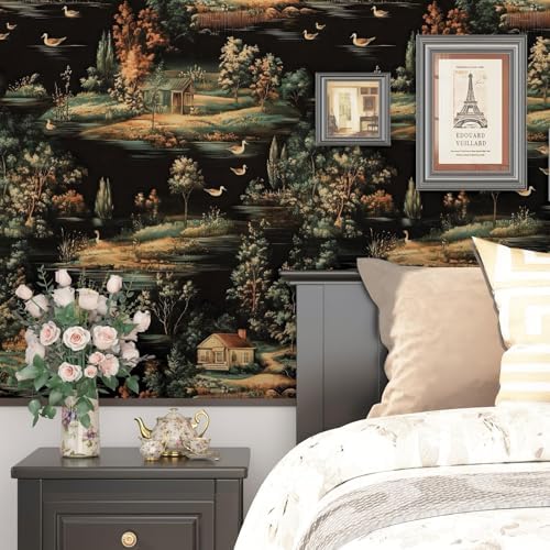 BOKEBEVE Vintage Village Cottage Wallpaper Peel Stick Black 17.5 x 393.5In - Image 3