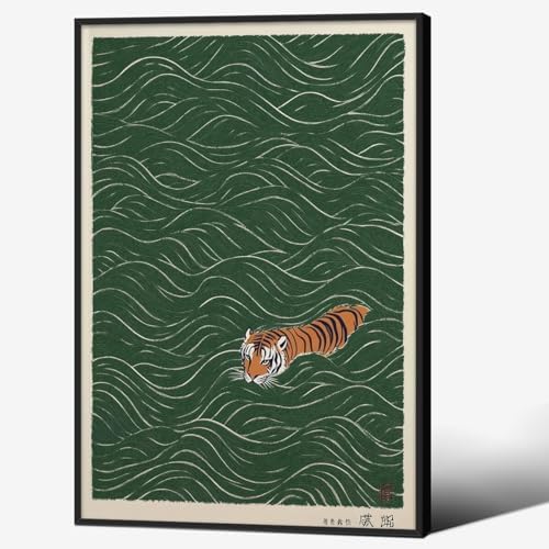 Black Framed Vintage Japanese Tiger Swimming Prints 24x36in Ukiyo-e Style Wall by Unknown