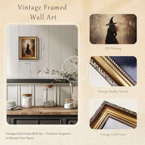 uniro Vintage Gold Framed Wall Art, Vintage Dark Forest Witch Halloween Painting - Image 2