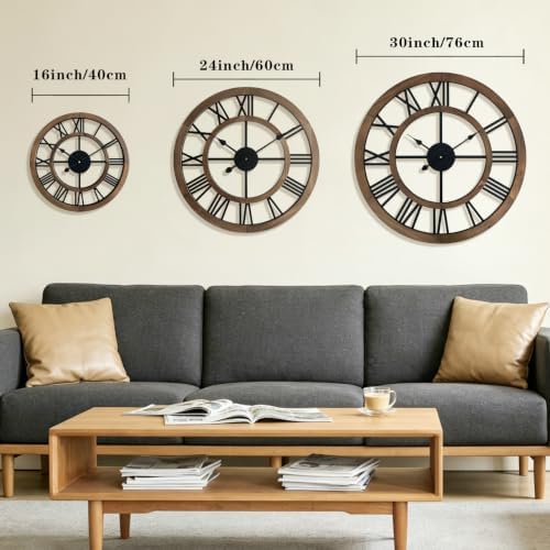 30 Inch Oversized Rustic Wall Clock Silent Non-Ticking Wooden Wall Clocks - Image 3
