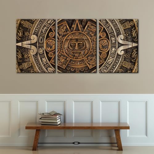 Pacimo Framed Canvas Print Wall Art Set Ancient Aztec Calendar Nature - Image 2