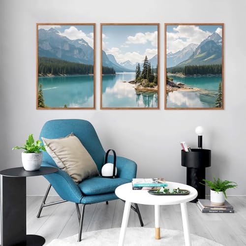HLNIUC Lake Mountain Landscape Framed Canvas Wall Art, Large Pine Tree Forest - Image 2