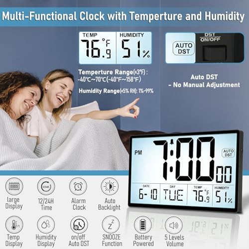 Adjustable Backlight 9'' Narrow Bezel Digital Wall Clock, Wall Mount/Desktop - Image 3