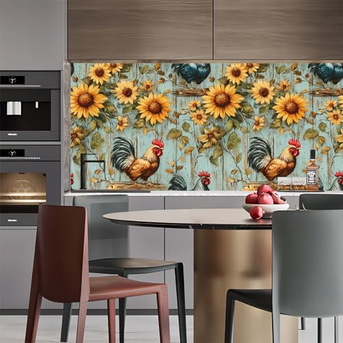 Sunflowers Rooster Peel and Stick Wallpaper 3D Printed Wood Vintage - Image 5