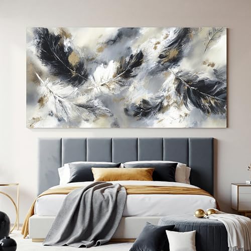 YISXINOAG Black White Abstract Wall Art Modern Feather Painting 29"X58" - Image 5