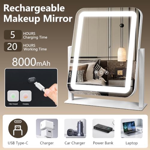 Ratsamee Rechargeable Vanity Mirror, 8000mAh 13"×15" Makeup Mirror - Image 2
