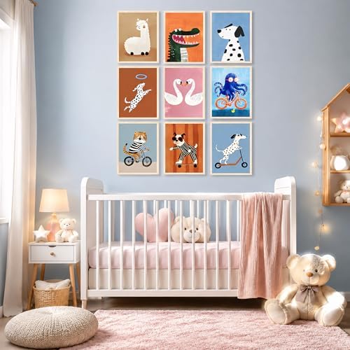 ZBMYYGO Kids Room Canvas Wall Art Set of 9, Funny Cute Cartoon Animal Posters - Image 2