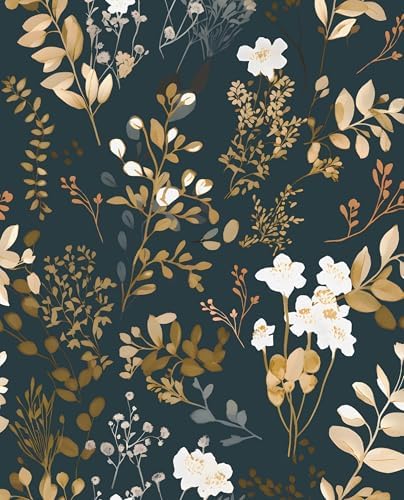 Laatse Vintage Dark Navy Gold Floral Peel and Stick Wallpaper 17.5"x197" by Laatse