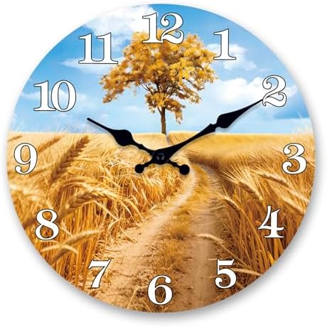 XNM Gold Wheat Field Wood Wall Clocks Battery Operated 10 Inch by XNMwallclock