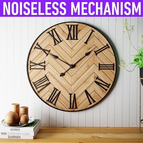 Large Wall Clock 24" Round, Silent Metal & Wood - Image 3