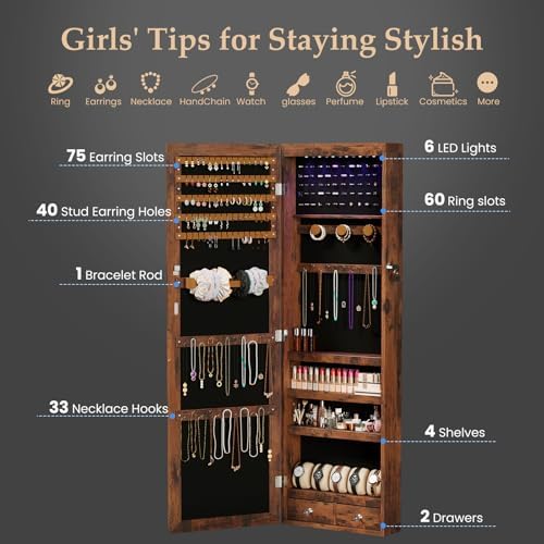 DUMOS 6 LEDs Mirror Jewelry Organizer Cabinet, Jewelry Armoire, 47.2 Inch - Image 3