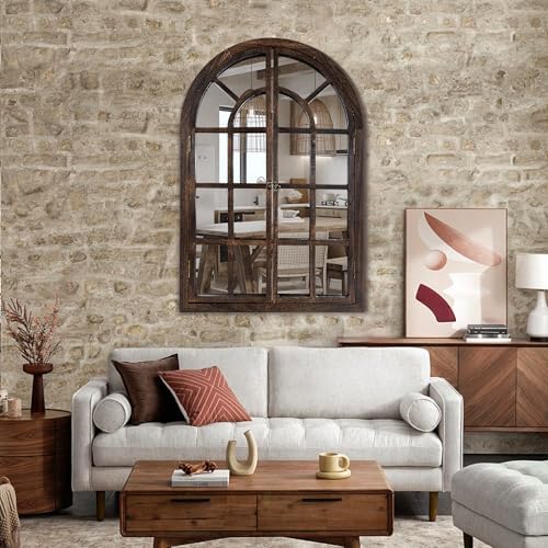 AMOISE Arched Wall Mirror with Wood Window Pane Frame, 24 x 36 Inch - Image 4