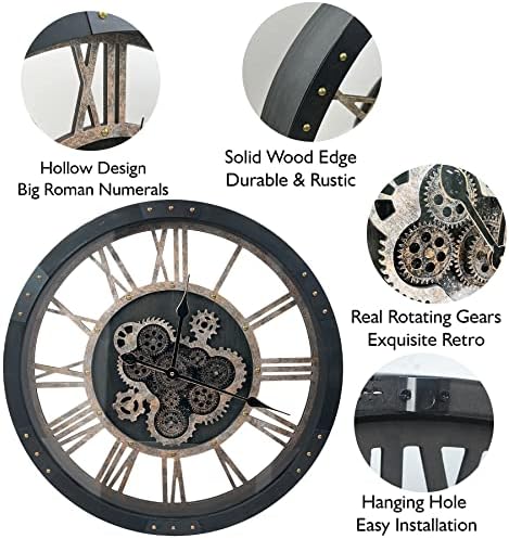 24" Large Wall Clock with Moving Gears, Oversize Vintage Industrial Rustic - Image 4